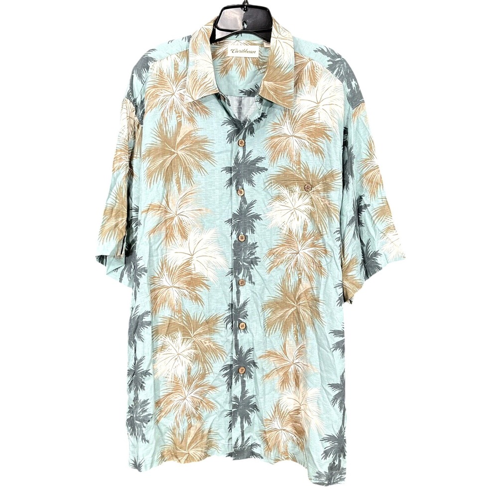 CARIBBEAN Men's BLUE Hawaiian Print LIGHTWEIGHT TWILL Button-Up CAMP SHIRT Sz XL